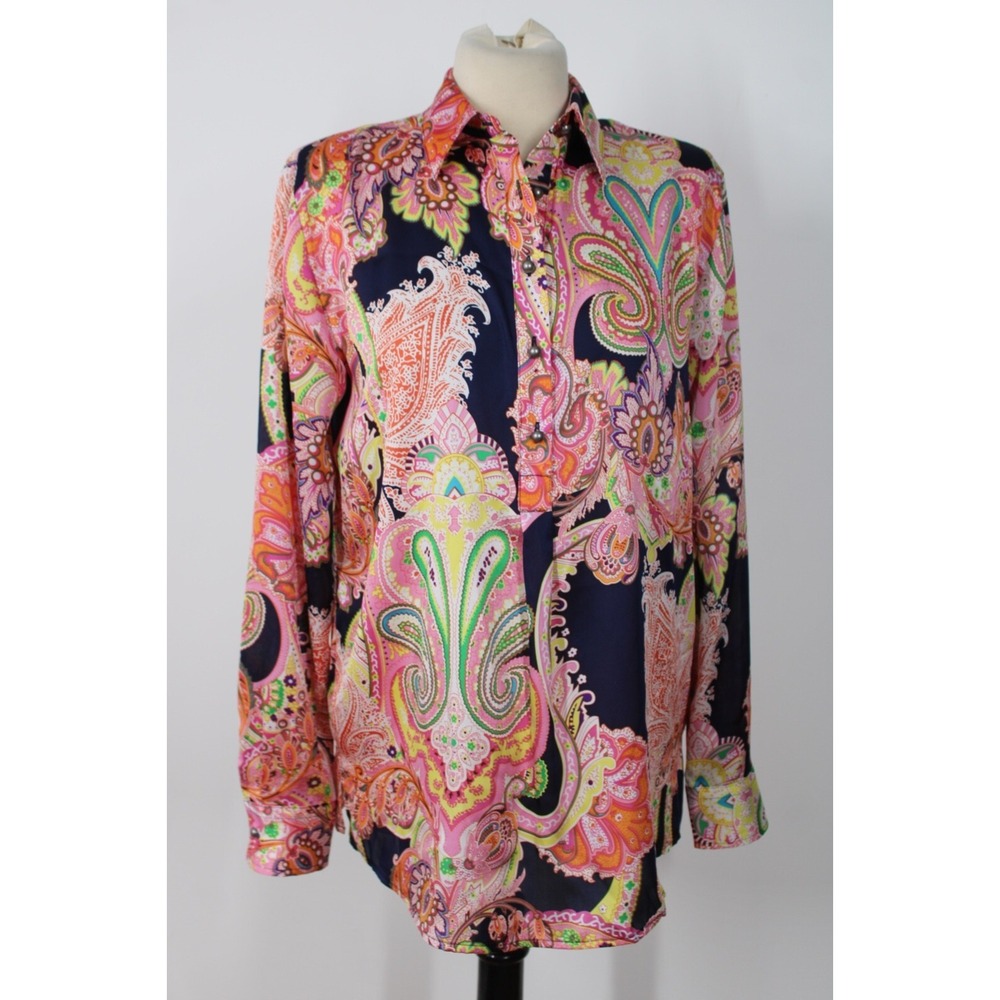Lauren Ralph Lauren M Colorful Paisley Pattern Long Sleeve Popover Top cotton